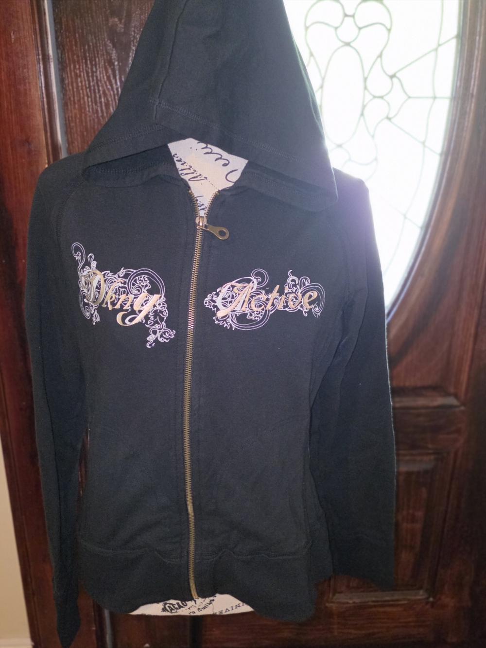 DKNY Active Black Zip Hoodie with Pink & Cream Script Large